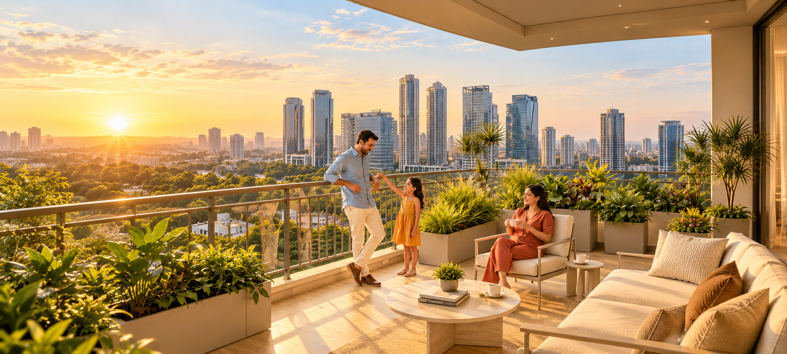 Family enjoying a golden-hour balcony retreat