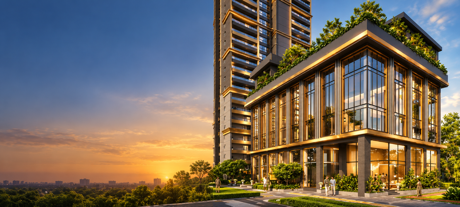 Luxury residential tower and clubhouse at golden hour