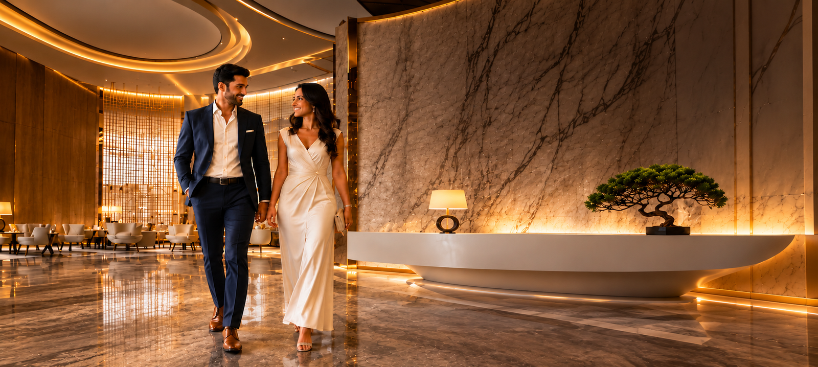 Luxury lobby with golden architectural accents